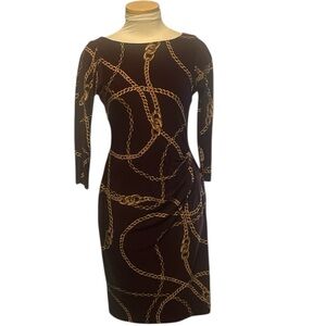 Ralph Lauren Burgundy Dress with Gold Chain Design and Side Ruching Size 4P